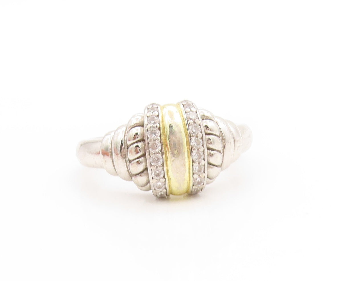 925 Sterling Silver Vintage Ring CZ Two Tone Statement Band  Sz 10.5  RG33708