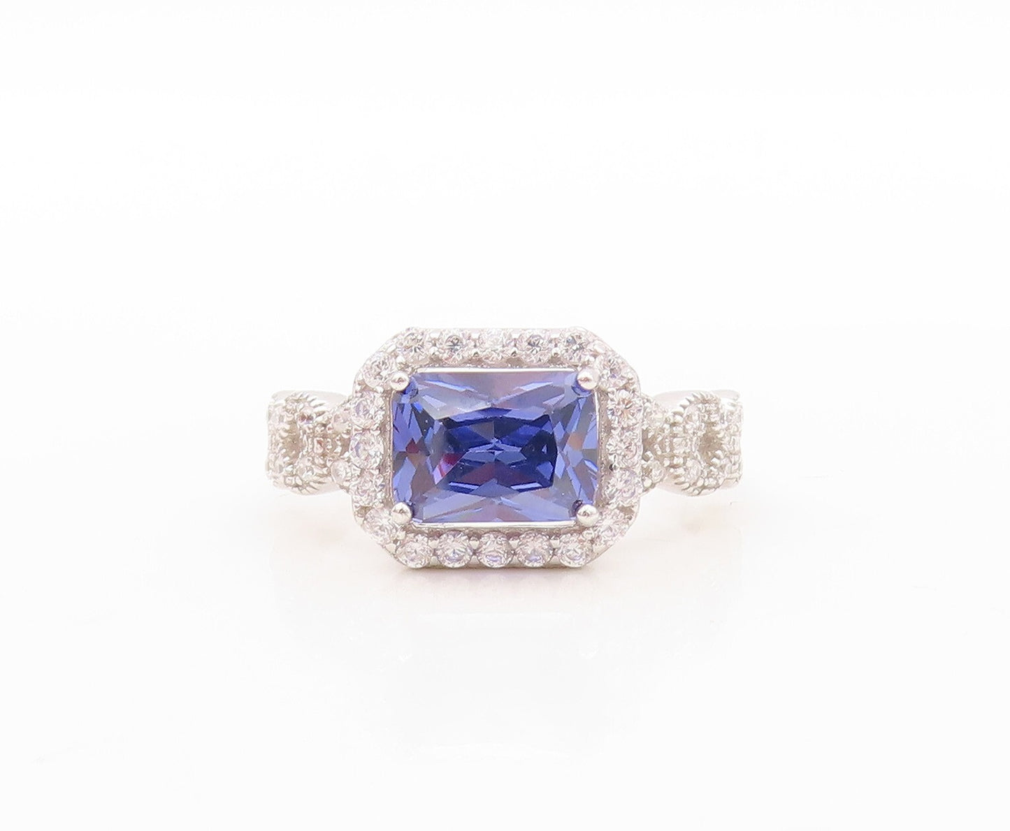 925 Sterling Silver Vintage Ring Designer CZ & Rectangle Sapphire  Sz 7  RG30689