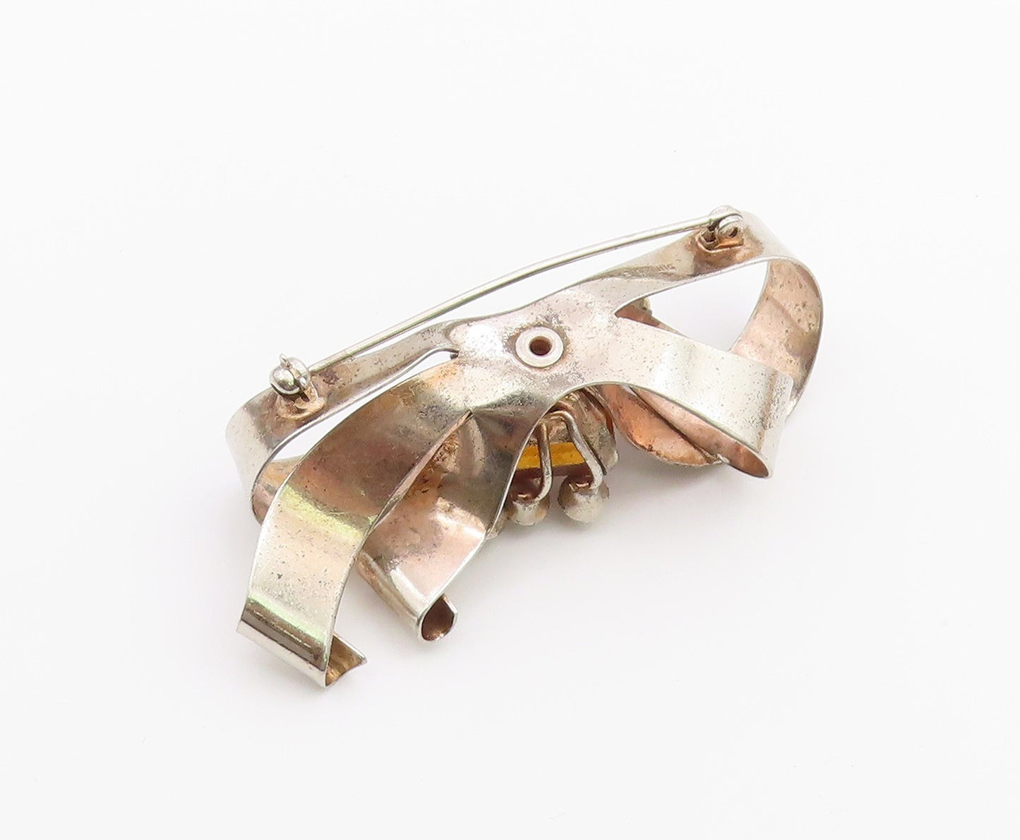 925 Sterling Silver  Vintage Citrine & Petite Pearls Ribbon Brooch Pin  BP6172