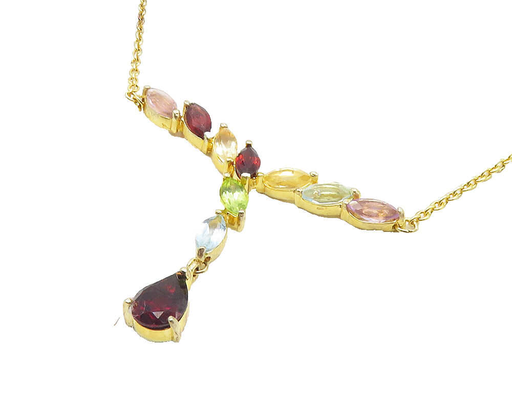 925 Sterling Silver Garnet & Multi Stone Gold Plated Chain Necklace NE1947