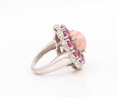 925 Sterling Silver Vintage Ring Drop Cut CZ & Rhodochrosite Flower Sz 5 RG32226