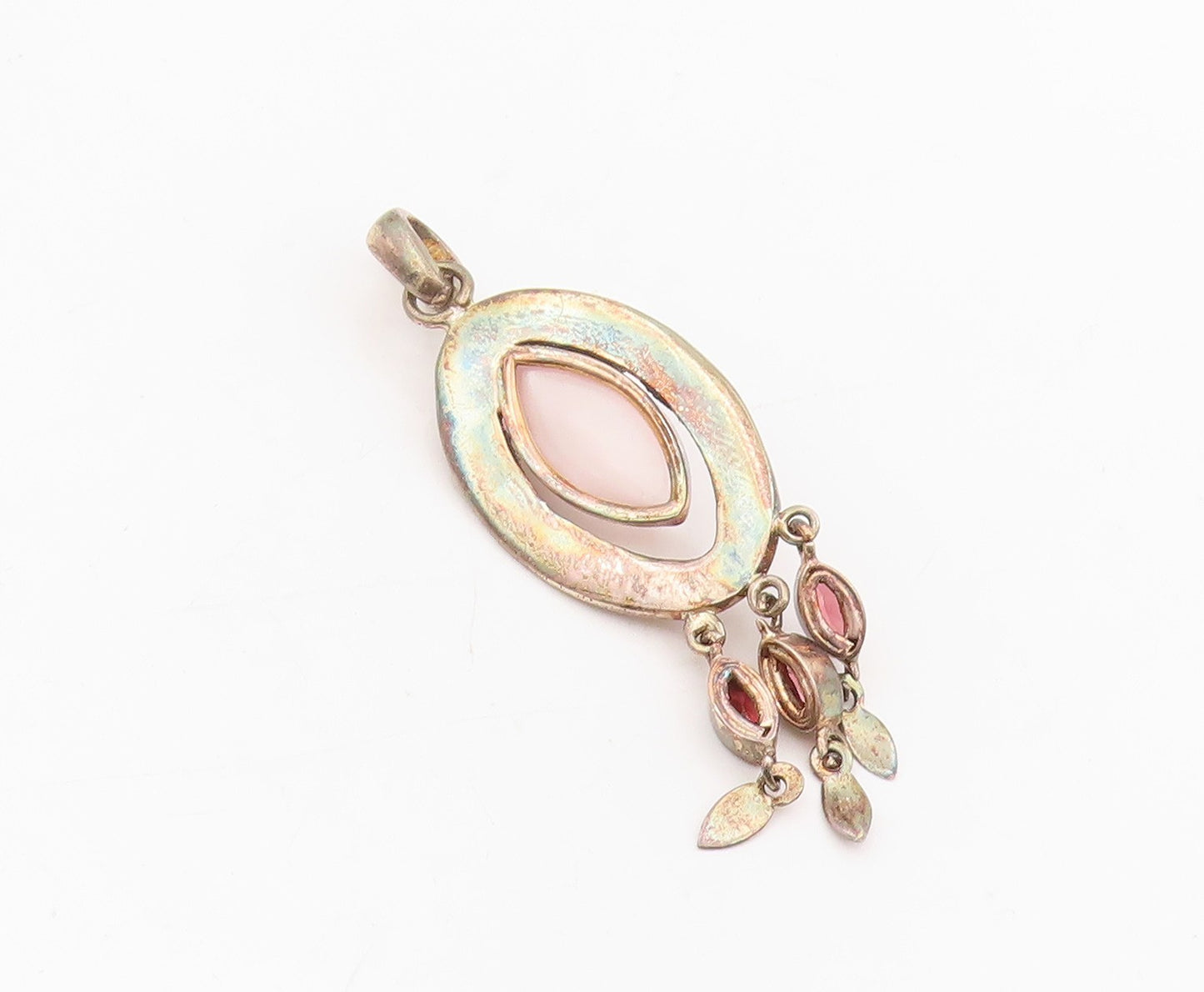 925 Sterling Silver Vintage Pendant Cabochon Rose Quartz Bohemian Dangle PT25573