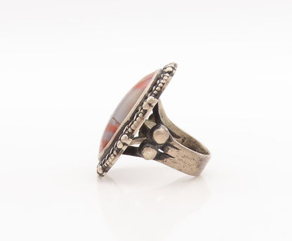 925 Sterling Silver Vintage Ring NAVAJO Floral Carved Border Gem  Sz 6  RG28738