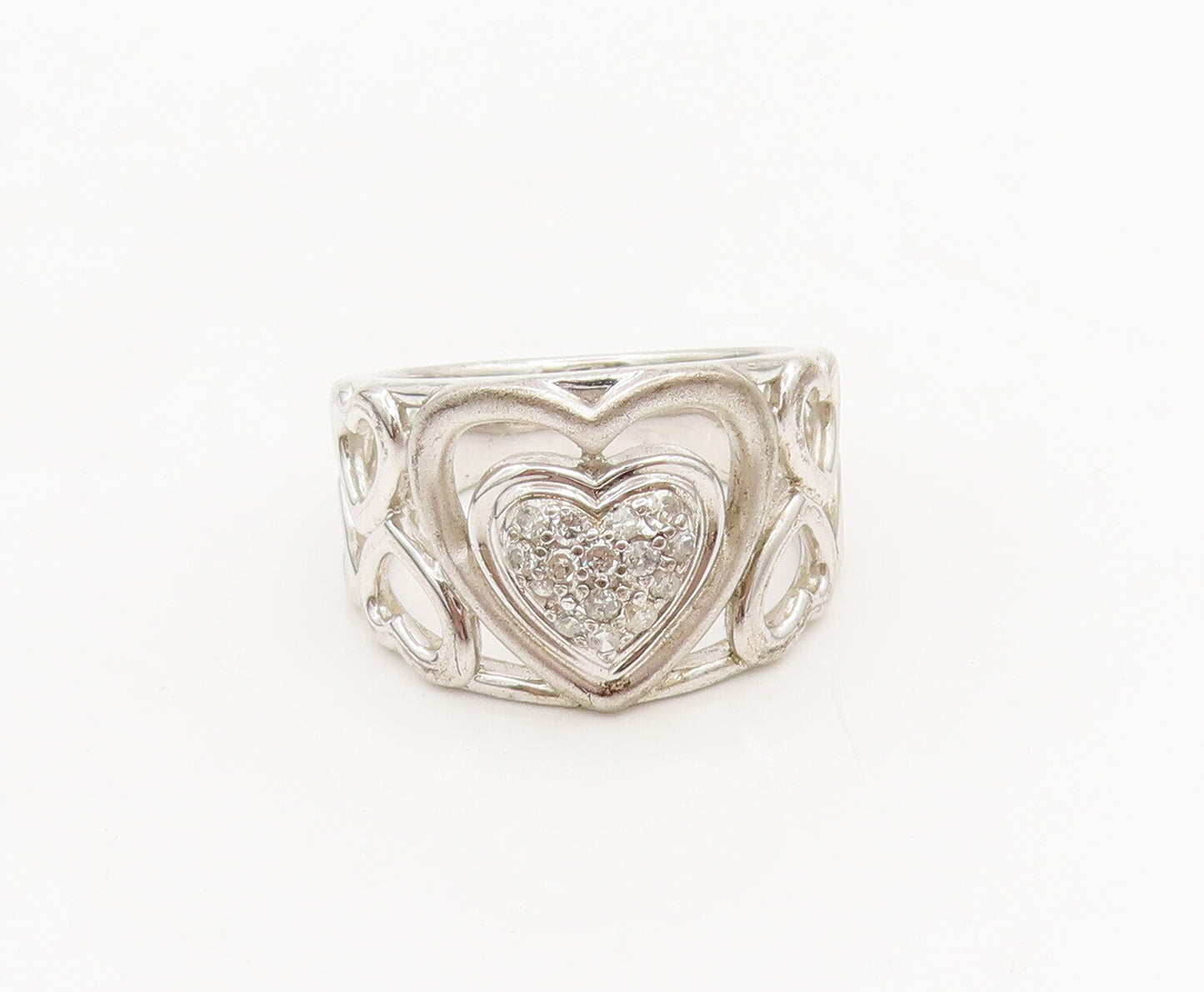925 Sterling Silver  Vintage Carved Hearts Of Diamonds Broad Ring Sz 7 RG26865