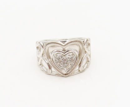 925 Sterling Silver  Vintage Carved Hearts Of Diamonds Broad Ring Sz 7 RG26865