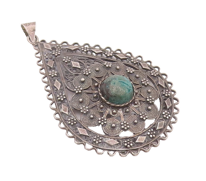 925 Sterling Silver Vintage Pendant Drop Floral Carved Domed Turquoise  PT22813