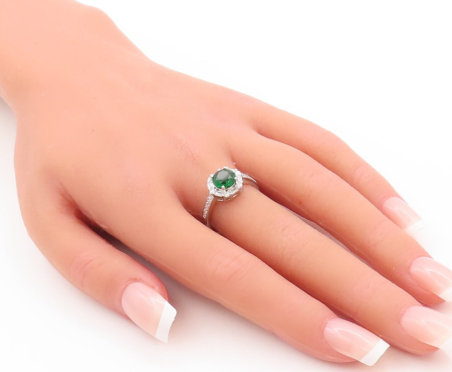 925 Sterling Silver Vintage Ring Round Cut Green Halo White Topaz  Sz 7  RG29785