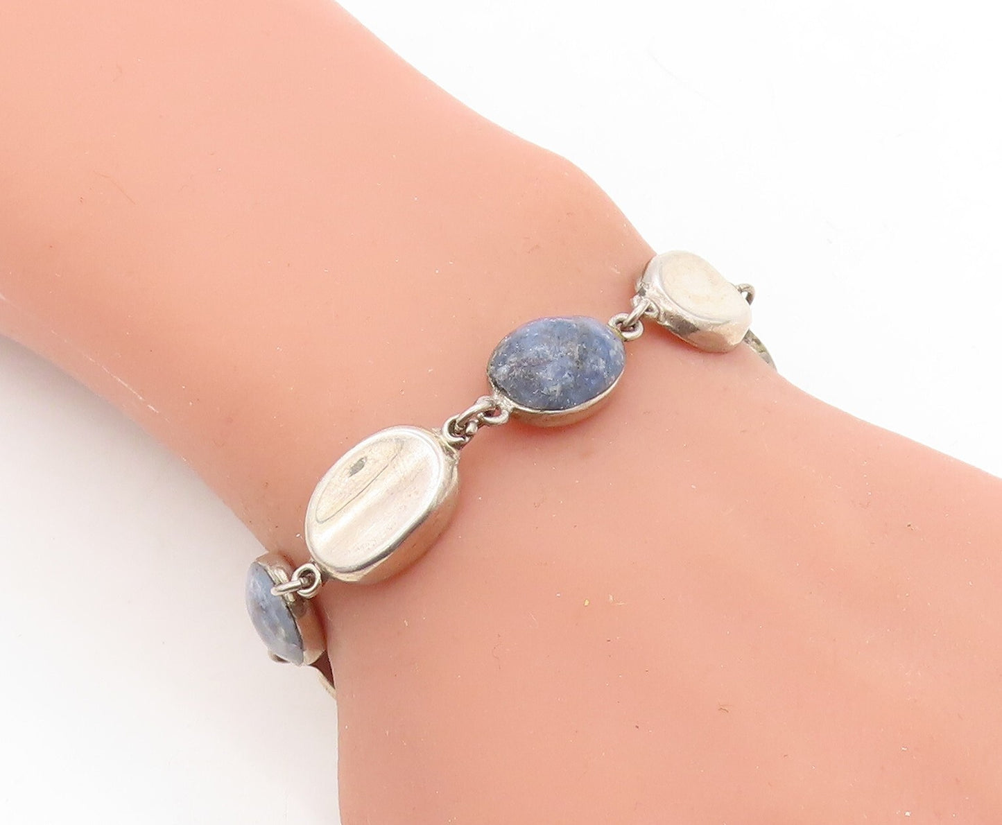 MEXICO 925 Sterling Silver Vintage Cabochon Sodalite Chain Bracelet BT2891