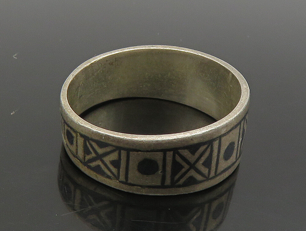 EUROPEAN 925 Silver  Vintage Enamel XO Pattern Tapered Band Ring Sz 8  RG24008