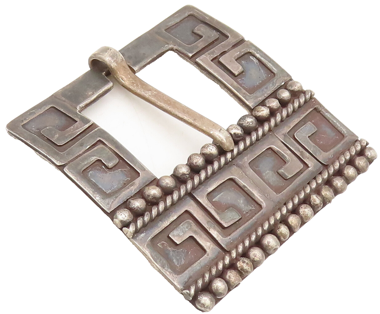 TAXCO 925 Silver  Vintage Antique Beaded Carved Greek Maze Belt Buckle  TR3665