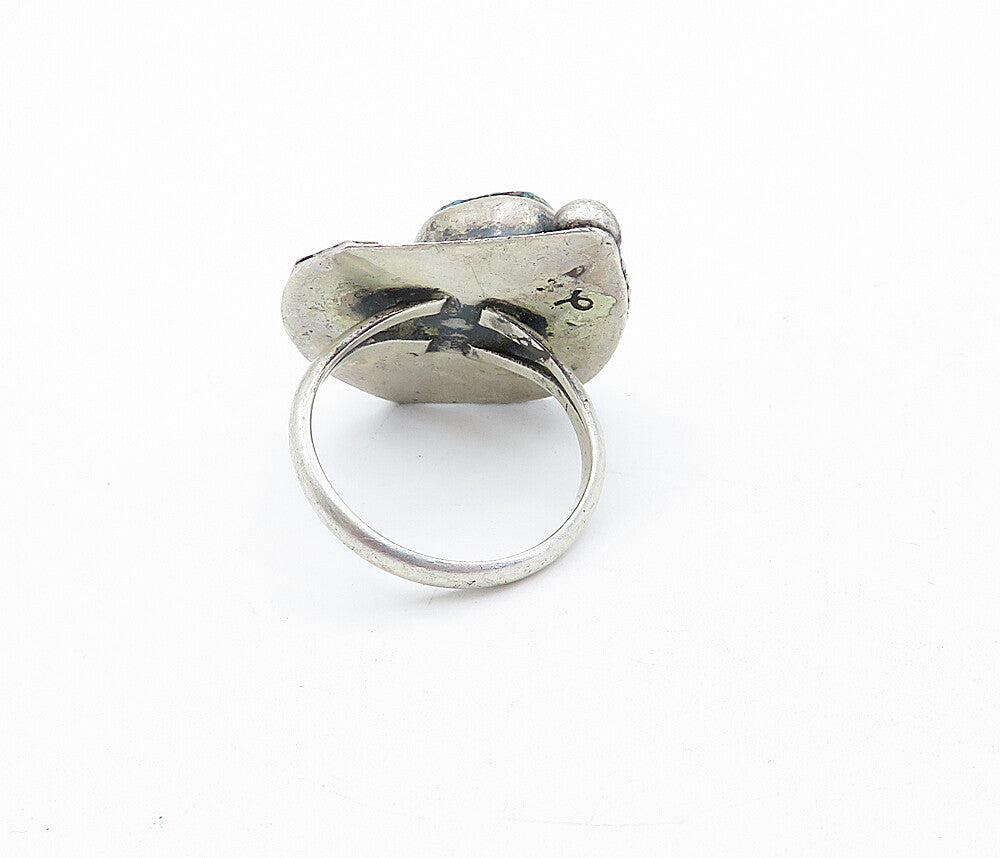 NAVAJO 925 Sterling Silver  Vintage Turquoise Floral Cocktail Ring Sz 8 RG5306