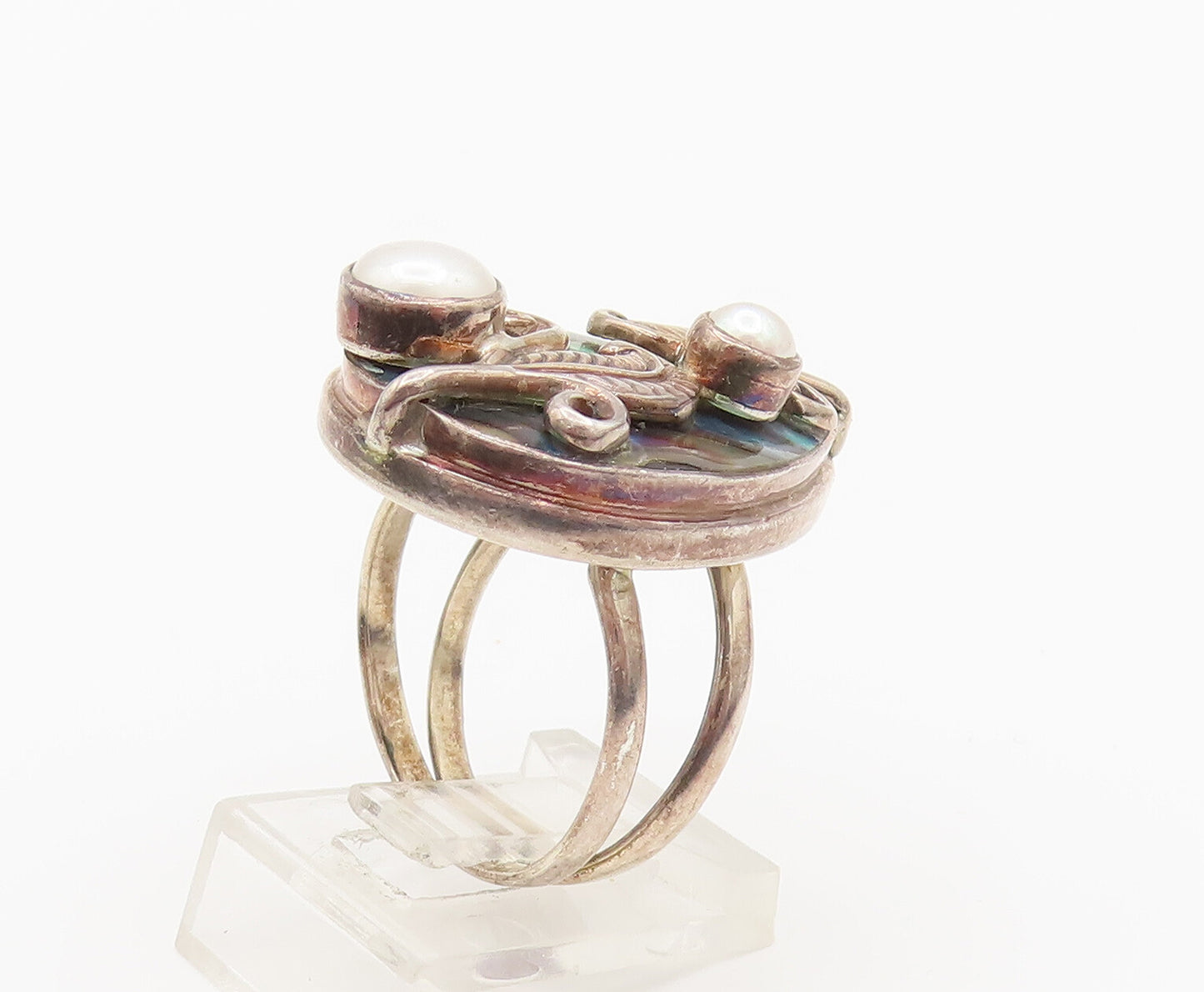 MERAV 925 Silver  Vintage Freshwater Pearls & Abalone Leaf Ring Sz 7  RG26259