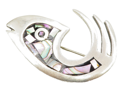 MEXICO 925 Sterling Silver  Vintage Abalone Shell Fish Brooch Pin  BP5274