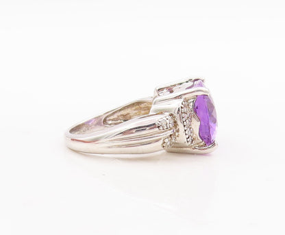 925 Sterling Silver Vintage Ring Oval Cut Amethyst Diamonds Inlay  Sz 7  RG29405