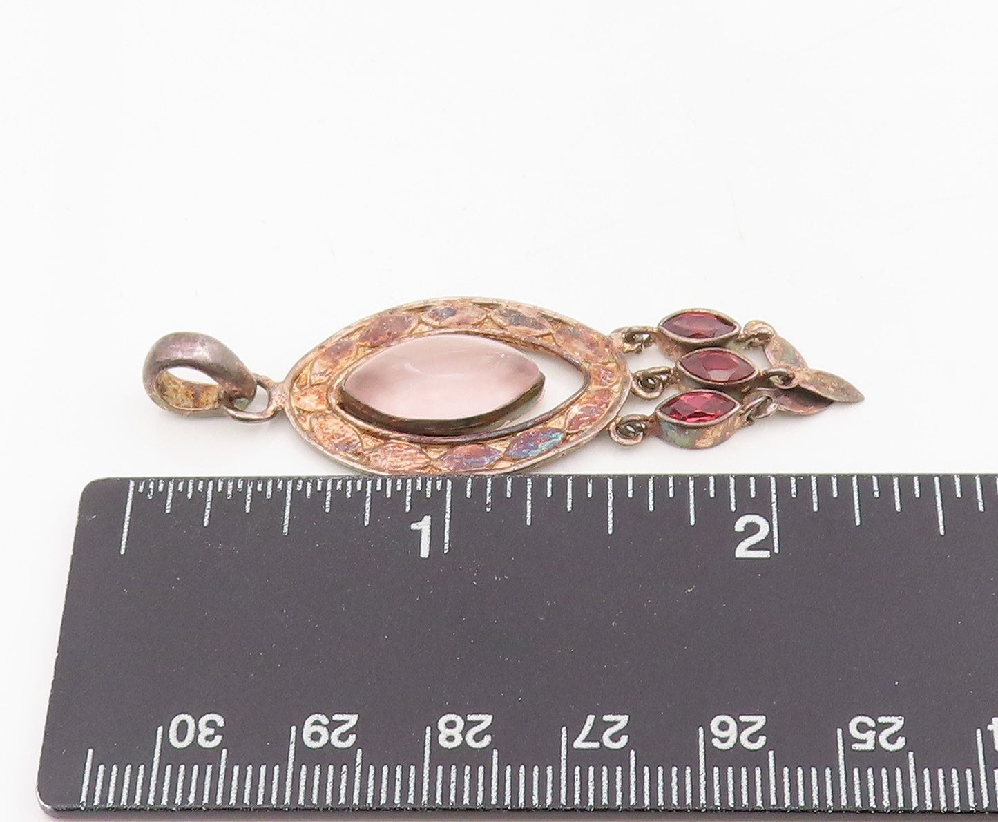 925 Sterling Silver Vintage Pendant Cabochon Rose Quartz Bohemian Dangle PT25573