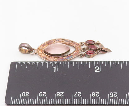 925 Sterling Silver Vintage Pendant Cabochon Rose Quartz Bohemian Dangle PT25573