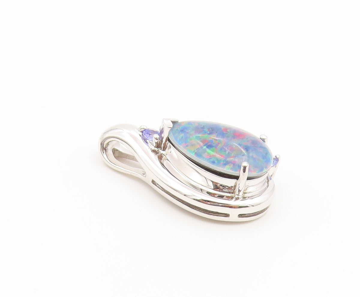 925 Sterling Silver Vintage Pendant Fire Opal & Tanzanite Teardrop  PT26590