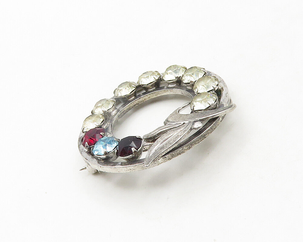 VAN DELL 925 Sterling Silver  Vintage Topaz & Garnet Wreath Brooch Pin  BP7589