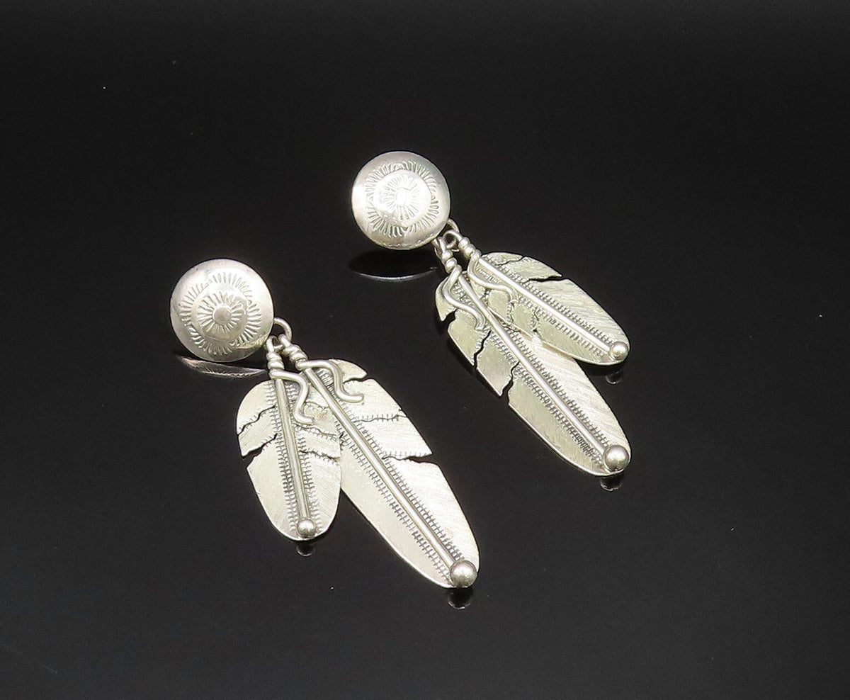 NAVAJO 925 Silver  Vintage Floral Dome & Etched Leaves Earrings  EG11834