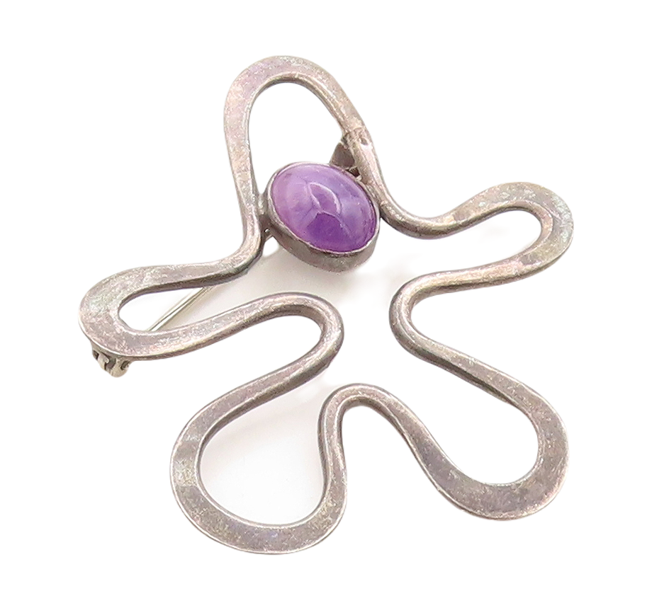 925 Sterling Silver Vintage Brooch Pin Dark Tone Amethyst Amorphas Cut  BP11314