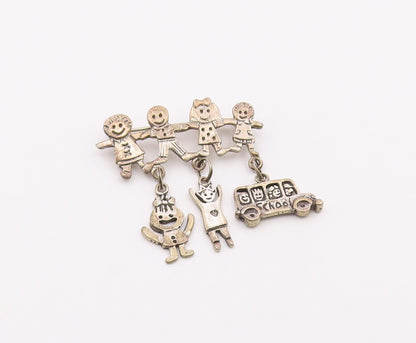 925 Sterling Silver  Vintage School Bus Charmed Children Brooch Pin  BP4061
