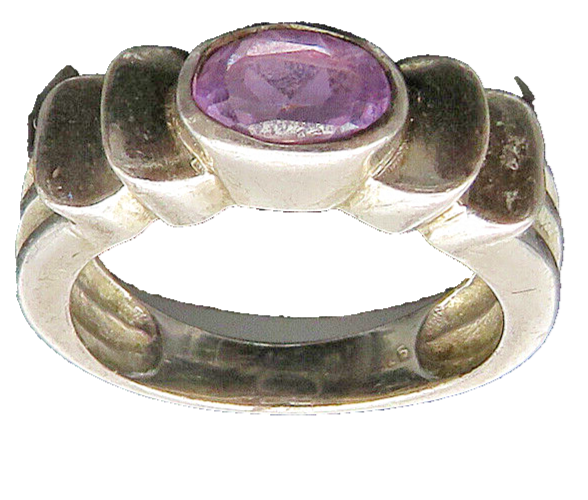 925 Sterling Silver  Vintage Faceted Amethyst Ribbed Band Ring Sz 7  RG21923