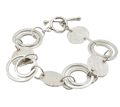 925 Sterling Silver  Vintage Shiny Open Circle Textured Chain Bracelet  BT7073