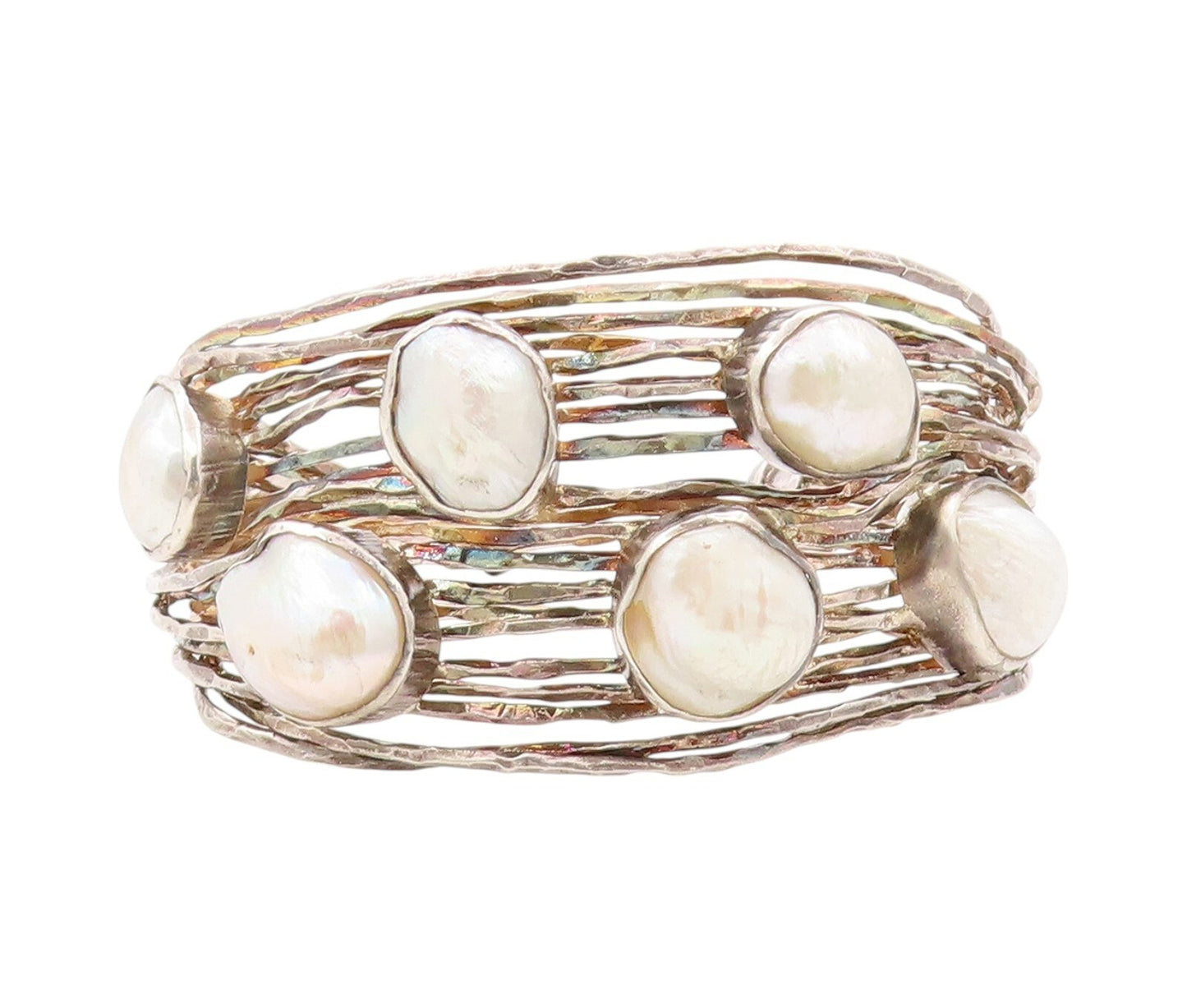 925 Sterling Silver Vintage Bracelet Oval Pearl Brutalist Carved Cuff  BT11043