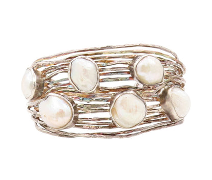 925 Sterling Silver Vintage Bracelet Oval Pearl Brutalist Carved Cuff  BT11043