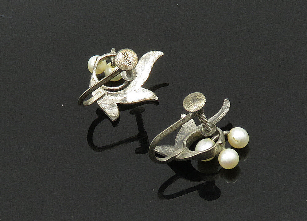 925 Silver  Vintage Antique Petite Pearls Floral Non Pierce Earrings  EG10389