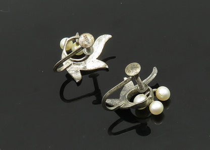925 Silver  Vintage Antique Petite Pearls Floral Non Pierce Earrings  EG10389