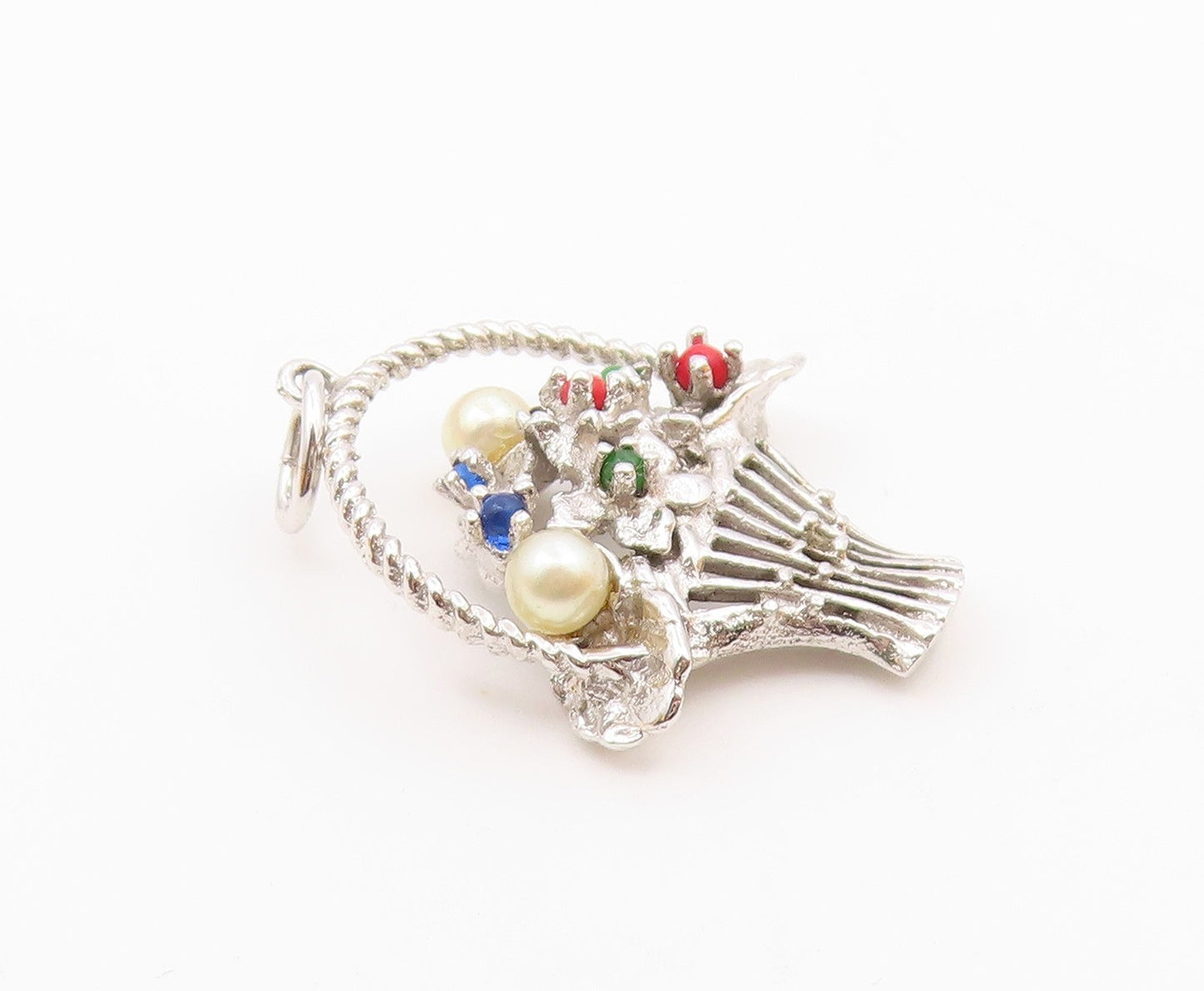 925 Silver Vintage Petite Pearls & Multi Stone Flower Basket Pendant PT18920