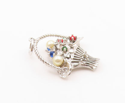 925 Silver Vintage Petite Pearls & Multi Stone Flower Basket Pendant PT18920