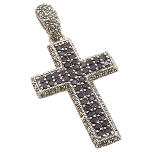 925 Sterling Silver Vintage Pendant Sapphire & Marcasite Religious Cross PT26372