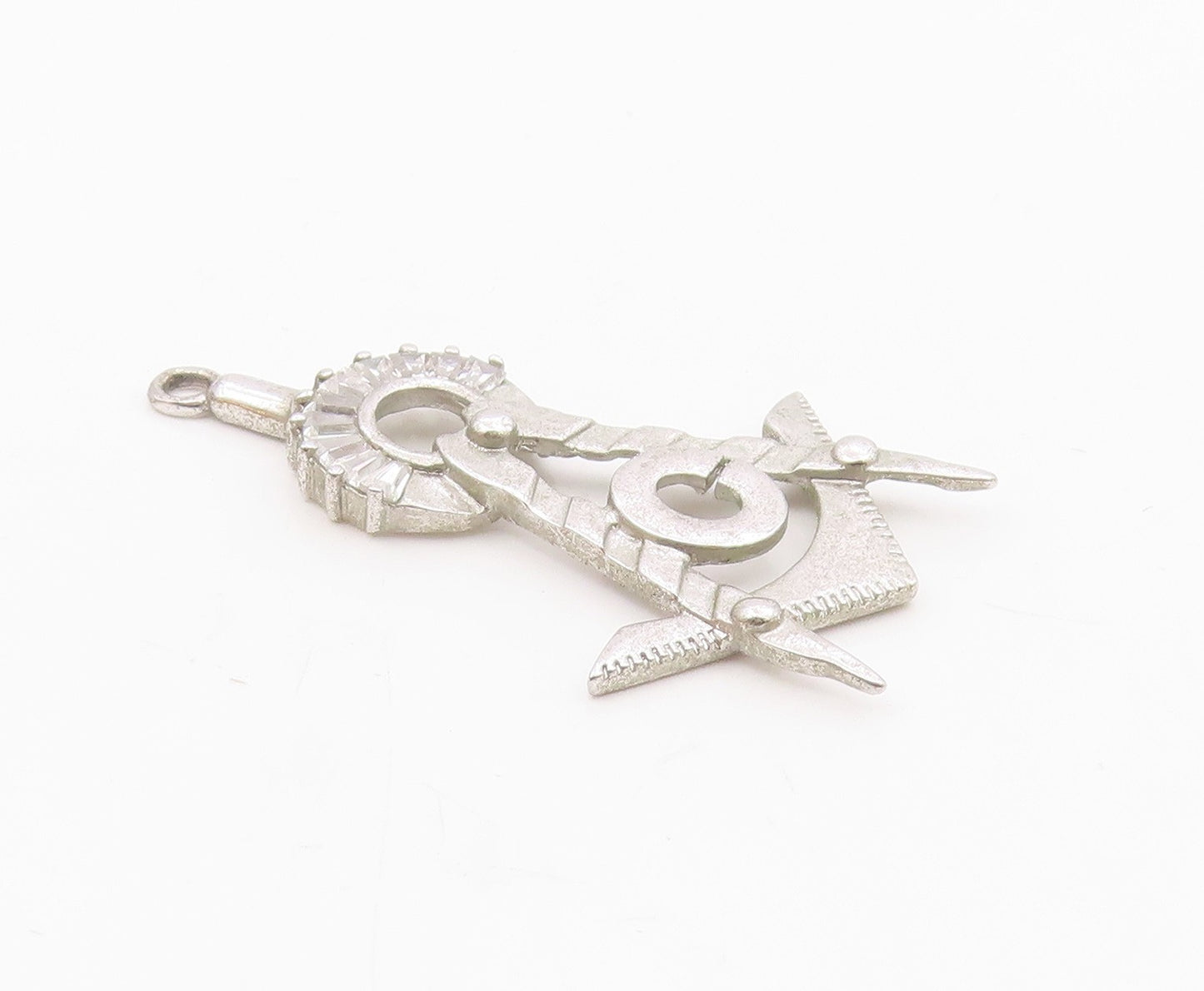 925 Silver  Vintage Cubic Zirconia Masonry Square & Compass Pendant  PT18346