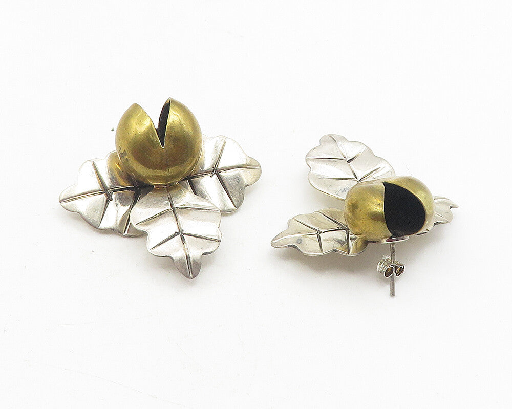 MEXICO 925 Sterling Silver  Vintage 2 Tone Floral Leaf Drop Earrings  EG6123