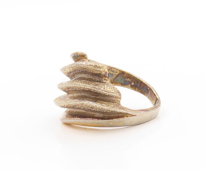 925 Sterling Silver Vintage Ring Gold Plated Designer Carved Wave Sz 7.5 RG32871