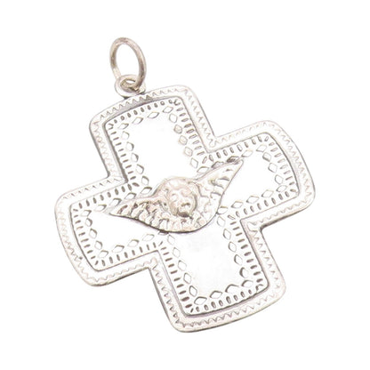 925 Sterling Silver Vintage Pendant MEXICO Four Way Cross Angel Carved  PT23995
