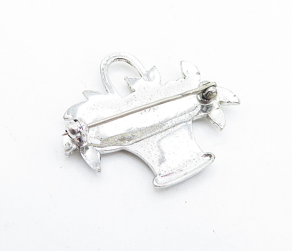 925 Sterling Silver  Vintage Sparkling Flower Basket Motif Brooch Pin  BP2223