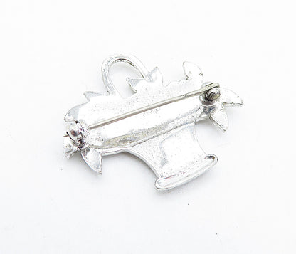 925 Sterling Silver  Vintage Sparkling Flower Basket Motif Brooch Pin  BP2223