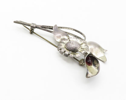 TRUART 925 Sterling Silver  Vintage Red Topaz Flower Motif Brooch Pin  BP5556