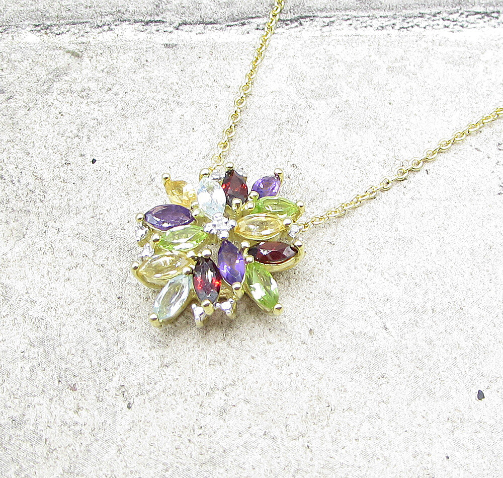 Gold Over 925 Silver  Multi Gemstones & Genuine Diamond Pendant & Chain PT1335