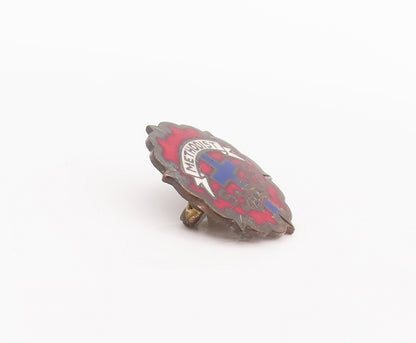 925 Sterling Silver Vintage Brooch Pin Blue Red Enameled Antique Logo  BP10720