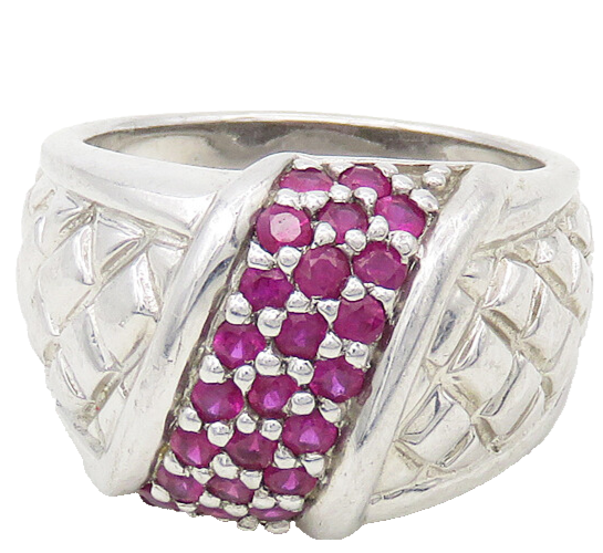925 Sterling Silver  Ruby Cluster Shiny Quilted Detail Band Ring Sz 8  RG17468