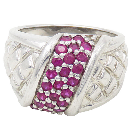 925 Sterling Silver  Ruby Cluster Shiny Quilted Detail Band Ring Sz 8  RG17468