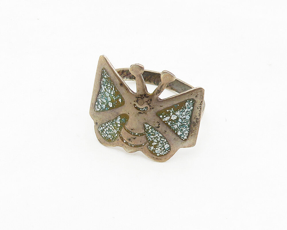 MEXICO 925 Silver Vintage Antique Turquoise Butterfly Band Ring Sz 7  RG17506