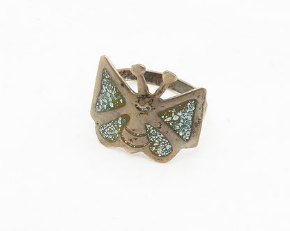MEXICO 925 Silver Vintage Antique Turquoise Butterfly Band Ring Sz 7  RG17506