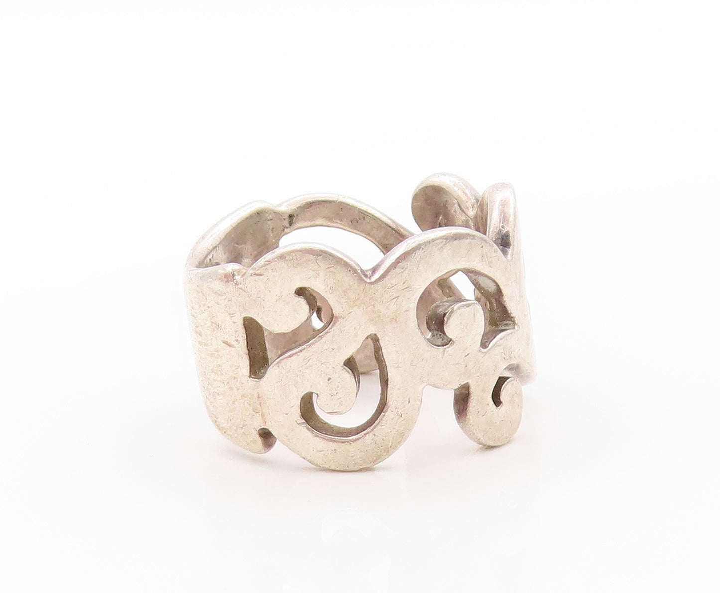 925 Sterling Silver Vintage Ring Broad Swirly Design Cutout Band Sz 8  RG32602