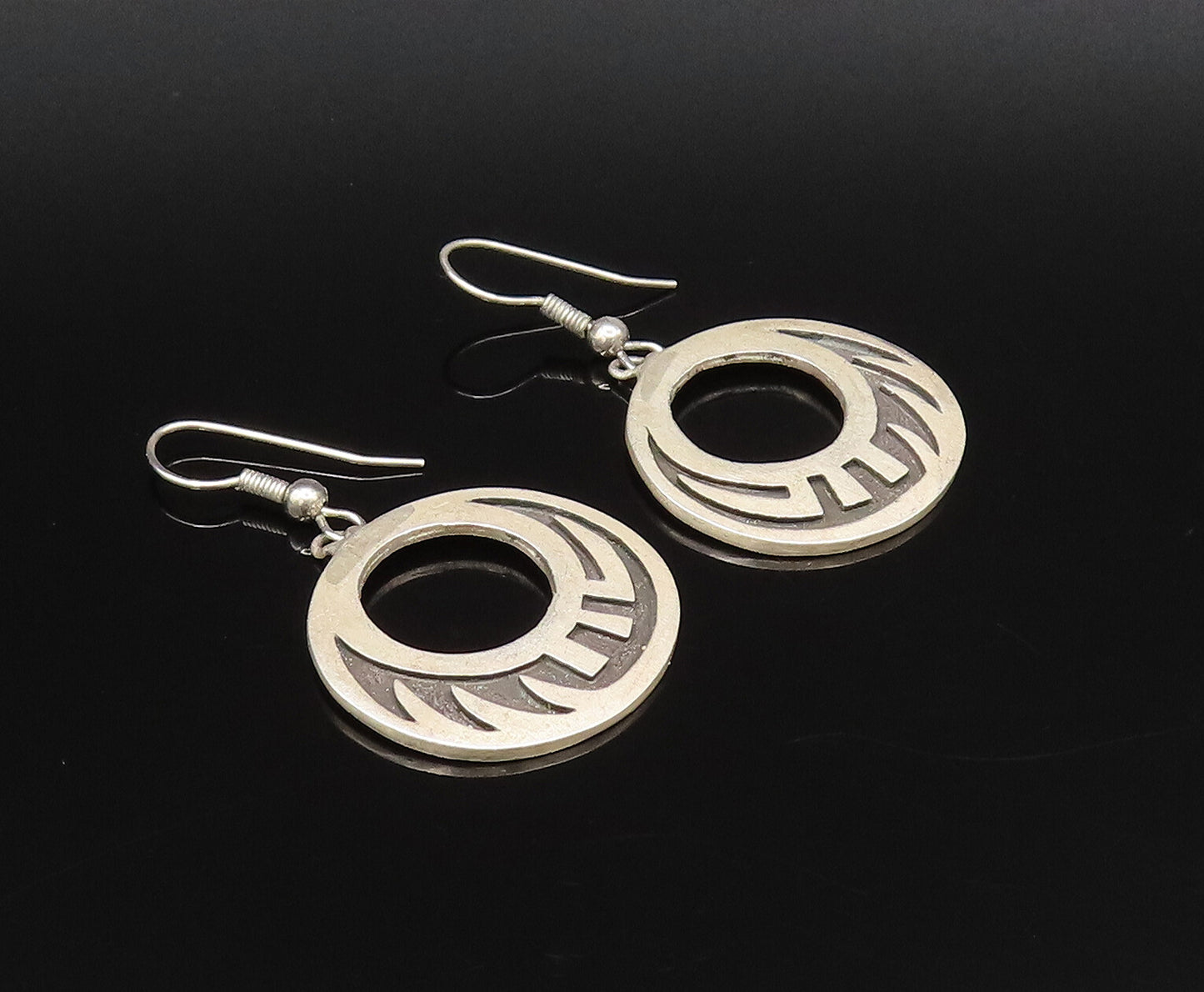 925 Sterling Silver  Vintage Open Circle Carved Design Dangle Earrings EG12166