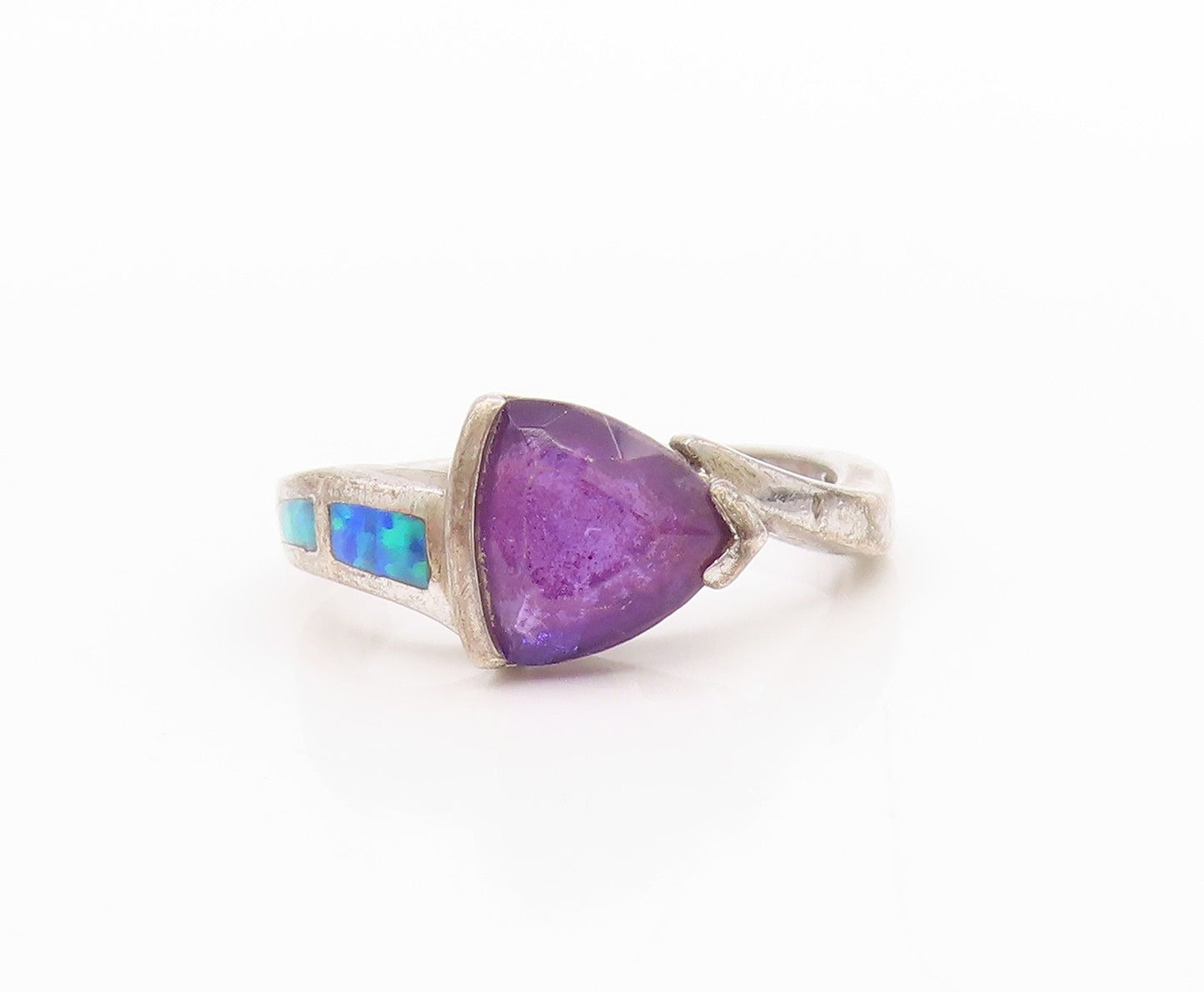 925 Sterling Silver Vintage Ring Triangle Amethyst Fire Opal Band Sz 6  RG33375